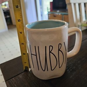 Rae Dunn "HUBBY" Mug Ceramic 16oz White- Teal On Inside